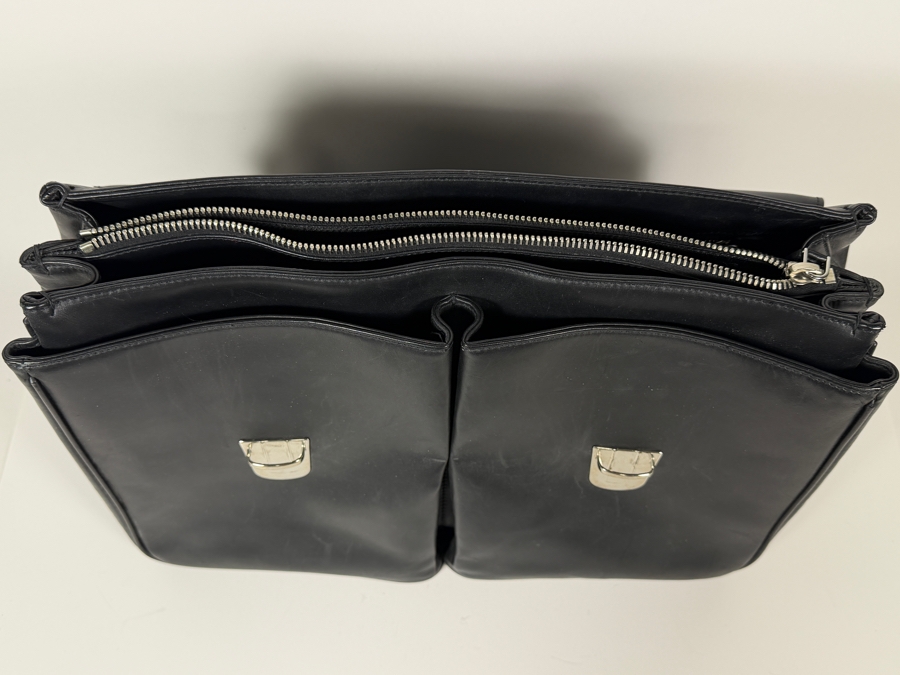 Just Added - Vintage Prada Black Smooth Calfskin Leather Flap-Over Briefcase Featuring Dual Silver-Tone Tuck Lock Closures And Single Top Handle 17.5'W X 14'H [Photo 8]