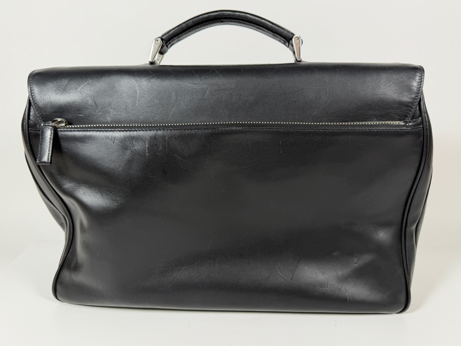 Just Added - Vintage Prada Black Smooth Calfskin Leather Flap-Over Briefcase Featuring Dual Silver-Tone Tuck Lock Closures And Single Top Handle 17.5'W X 14'H [Photo 5]