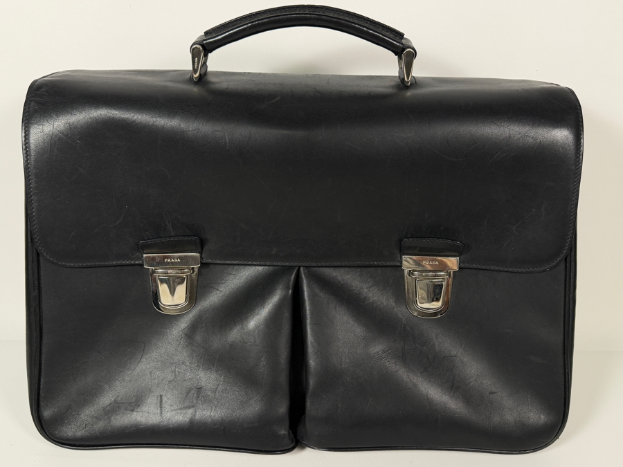 Just Added - Vintage Prada Black Smooth Calfskin Leather Flap-Over Briefcase Featuring Dual Silver-Tone Tuck Lock Closures And Single Top Handle 17.5'W X 14'H [Photo 2]