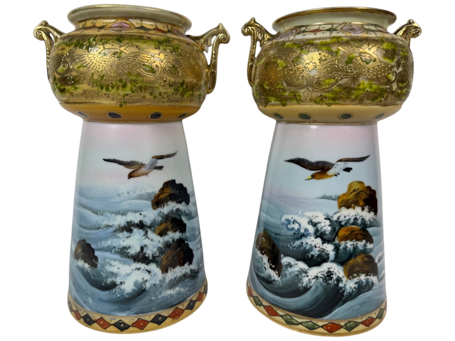 Just Added - Pair Of Antique Imperial Nippon Hand-Painted Porcelain Vases Featuring Eagle And Seascape Motif With Raised Gold Moriage Decoration, Circa 1891-1921 11'H