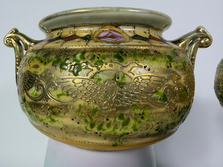 Just Added - Pair Of Antique Imperial Nippon Hand-Painted Porcelain Vases Featuring Eagle And Seascape Motif With Raised Gold Moriage Decoration, Circa 1891-1921 11'H [Photo 7]