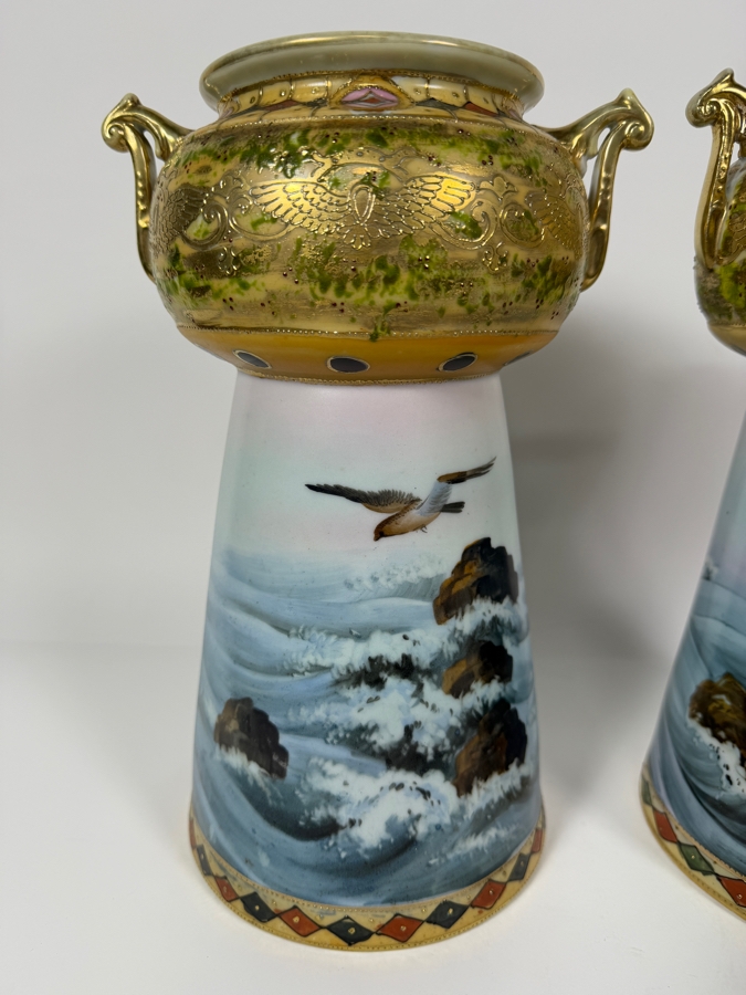 Just Added - Pair Of Antique Imperial Nippon Hand-Painted Porcelain Vases Featuring Eagle And Seascape Motif With Raised Gold Moriage Decoration, Circa 1891-1921 11'H [Photo 6]