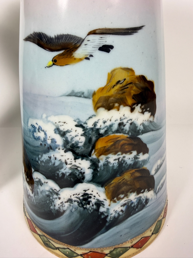 Just Added - Pair Of Antique Imperial Nippon Hand-Painted Porcelain Vases Featuring Eagle And Seascape Motif With Raised Gold Moriage Decoration, Circa 1891-1921 11'H [Photo 4]