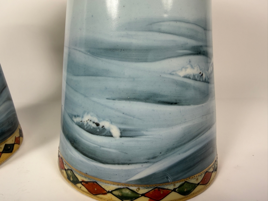 Just Added - Pair Of Antique Imperial Nippon Hand-Painted Porcelain Vases Featuring Eagle And Seascape Motif With Raised Gold Moriage Decoration, Circa 1891-1921 11'H [Photo 11]