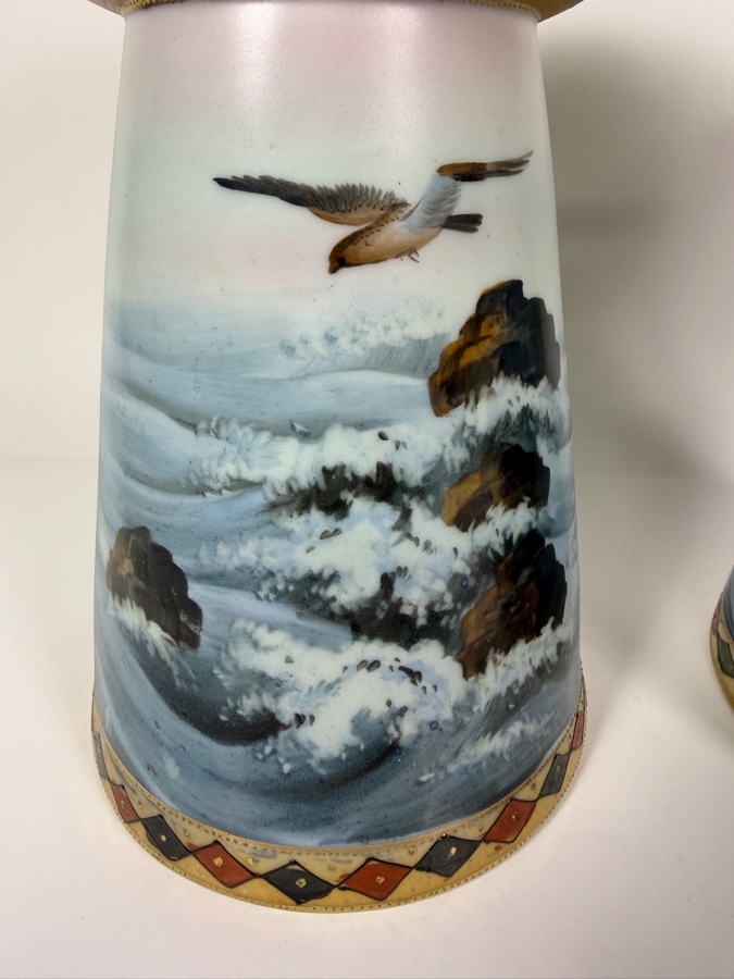 Just Added - Pair Of Antique Imperial Nippon Hand-Painted Porcelain Vases Featuring Eagle And Seascape Motif With Raised Gold Moriage Decoration, Circa 1891-1921 11'H [Photo 8]