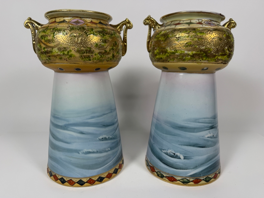 Just Added - Pair Of Antique Imperial Nippon Hand-Painted Porcelain Vases Featuring Eagle And Seascape Motif With Raised Gold Moriage Decoration, Circa 1891-1921 11'H [Photo 10]