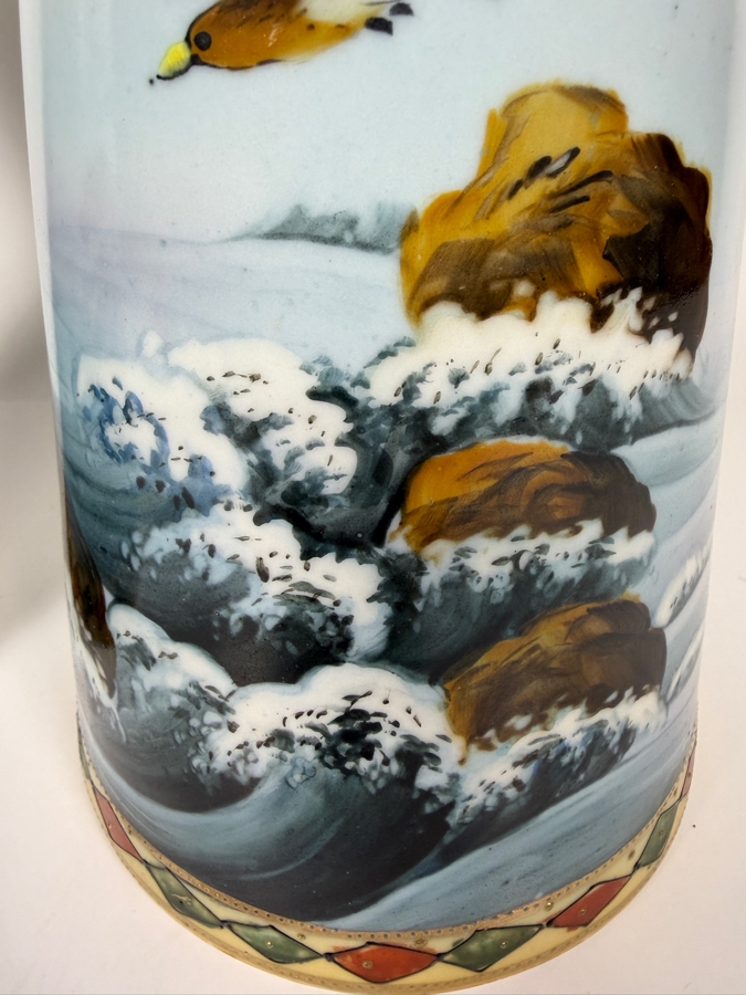 Just Added - Pair Of Antique Imperial Nippon Hand-Painted Porcelain Vases Featuring Eagle And Seascape Motif With Raised Gold Moriage Decoration, Circa 1891-1921 11'H [Photo 5]