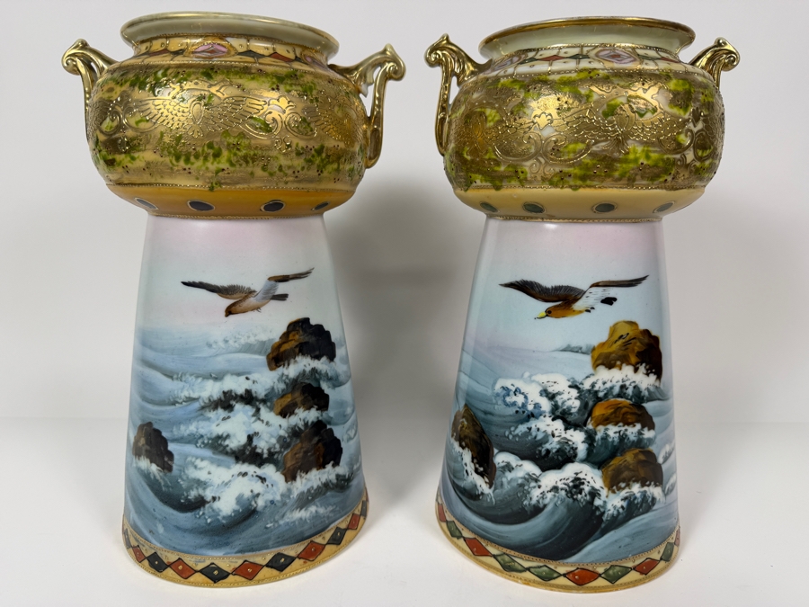 Just Added - Pair Of Antique Imperial Nippon Hand-Painted Porcelain Vases Featuring Eagle And Seascape Motif With Raised Gold Moriage Decoration, Circa 1891-1921 11'H [Photo 2]