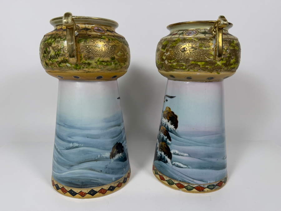 Just Added - Pair Of Antique Imperial Nippon Hand-Painted Porcelain Vases Featuring Eagle And Seascape Motif With Raised Gold Moriage Decoration, Circa 1891-1921 11'H [Photo 9]