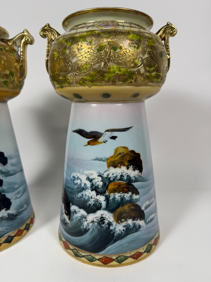 Just Added - Pair Of Antique Imperial Nippon Hand-Painted Porcelain Vases Featuring Eagle And Seascape Motif With Raised Gold Moriage Decoration, Circa 1891-1921 11'H [Photo 3]