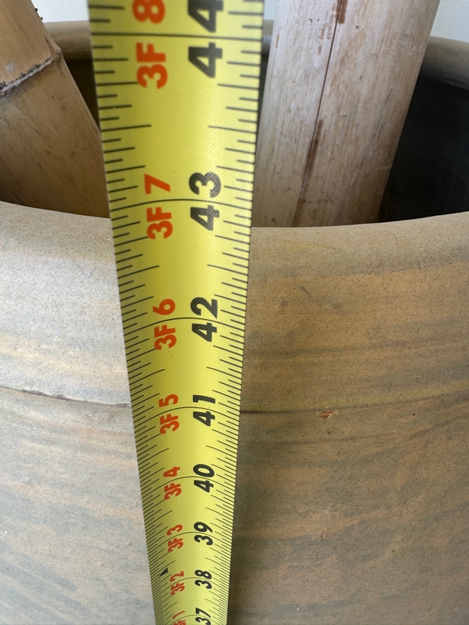 Large Tapered Tempayan Terracotta Urn Floor Vase In Weathered Ochre Patina Featuring Three Tall Oversized Natural Bamboo Decorative Poles Vase: 24'W X 43'H Bamboo: 120'H [Photo 6]