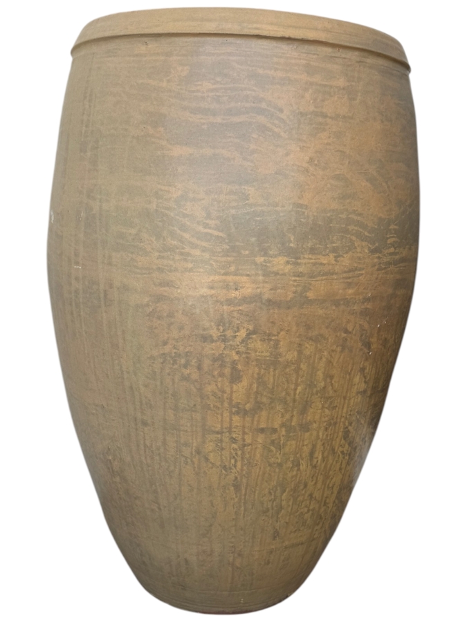 Large Tapered Tempayan Terracotta Urn Floor Vase In Weathered Ochre Patina Featuring Three Tall Oversized Natural Bamboo Decorative Poles Vase: 24'W X 43'H Bamboo: 120'H [Photo 3]