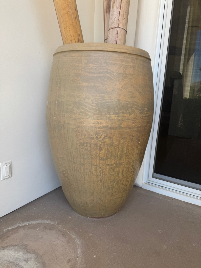 Large Tapered Tempayan Terracotta Urn Floor Vase In Weathered Ochre Patina Featuring Three Tall Oversized Natural Bamboo Decorative Poles Vase: 24'W X 43'H Bamboo: 120'H [Photo 2]