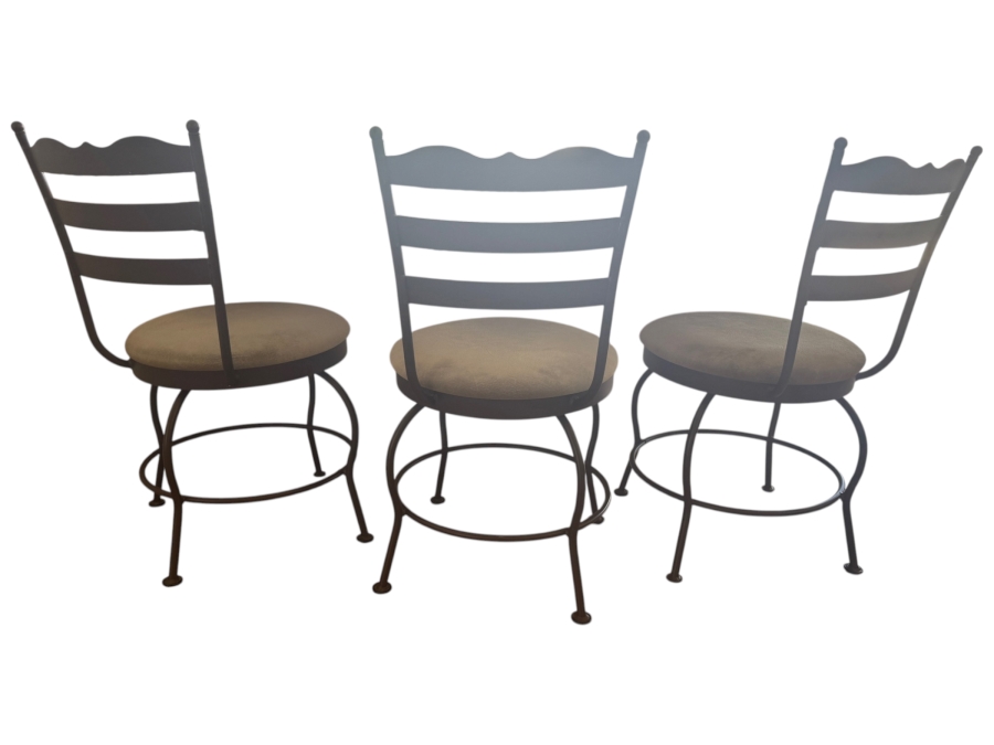 Set Of (3) 18-Inch Height Wrought Iron Swivel Stools With Beige Textured Padded Seats
