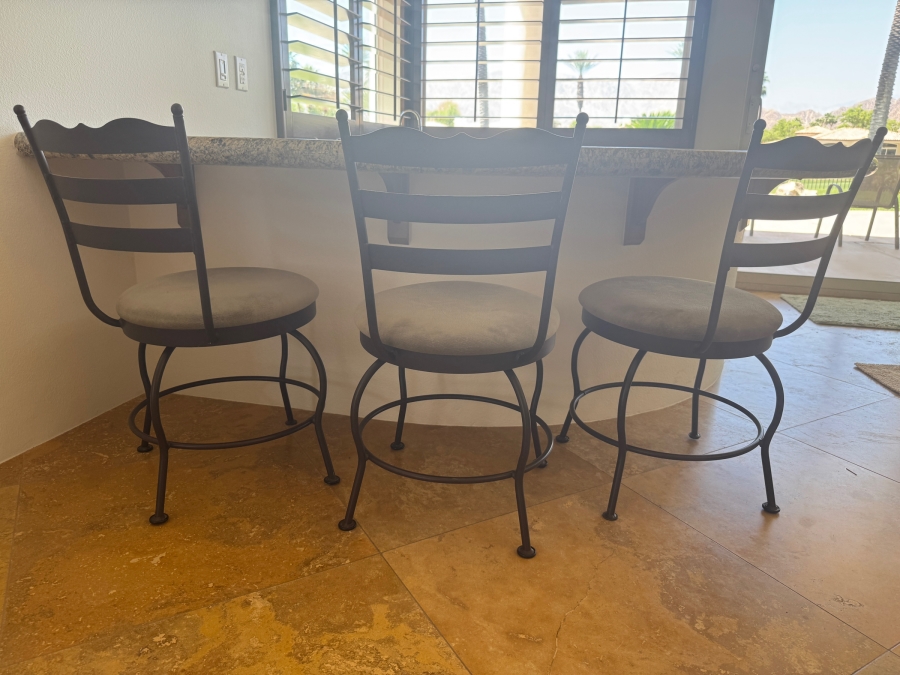 Set Of (3) 18-Inch Height Wrought Iron Swivel Stools With Beige Textured Padded Seats [Photo 2]