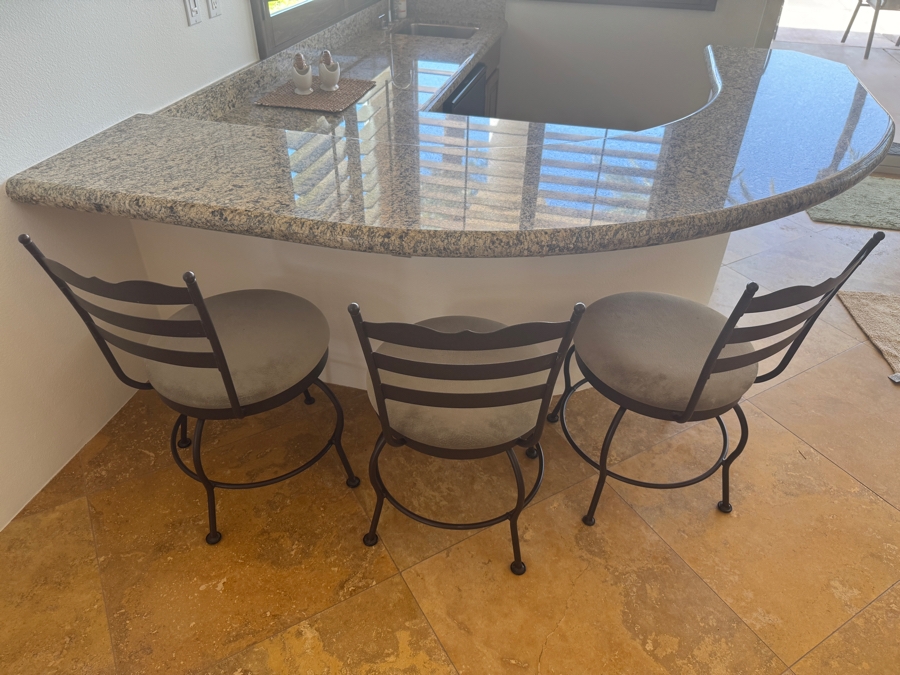 Set Of (3) 18-Inch Height Wrought Iron Swivel Stools With Beige Textured Padded Seats [Photo 3]