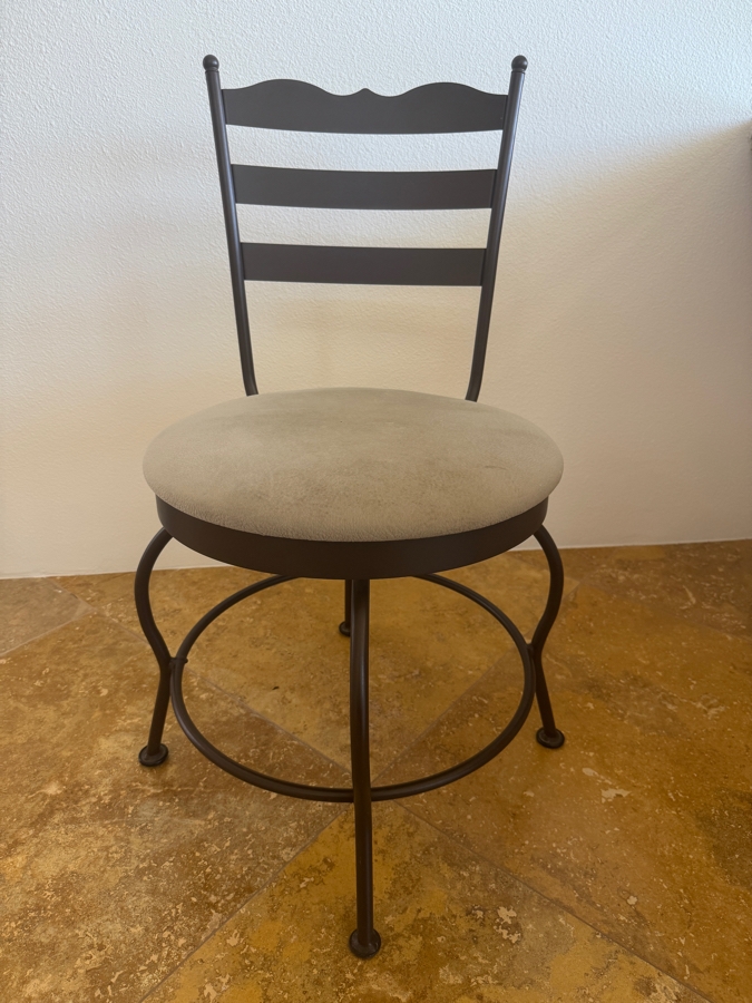Set Of (3) 18-Inch Height Wrought Iron Swivel Stools With Beige Textured Padded Seats [Photo 5]