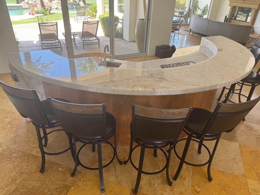 Set Of (4) Metal Swivel Bar Stools With Wood Top Rail And Faux Leather Seats 29' Seat Height [Photo 2]