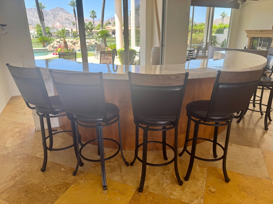 Set Of (4) Metal Swivel Bar Stools With Wood Top Rail And Faux Leather Seats 29' Seat Height