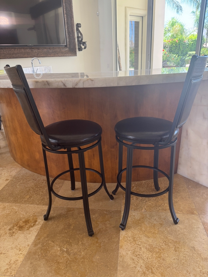 Set Of (2) Metal Swivel Bar Stools With Wood Top Rail And Faux Leather Seats 29' Seat Height