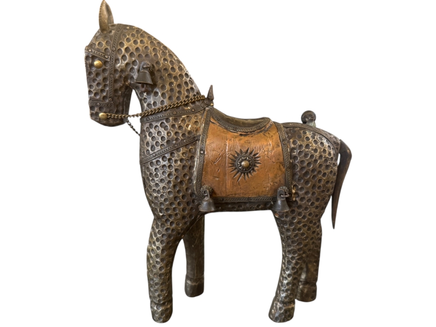 Decorative Hammered Metal Horse Sculpture With Copper Saddle And Bells 11'H