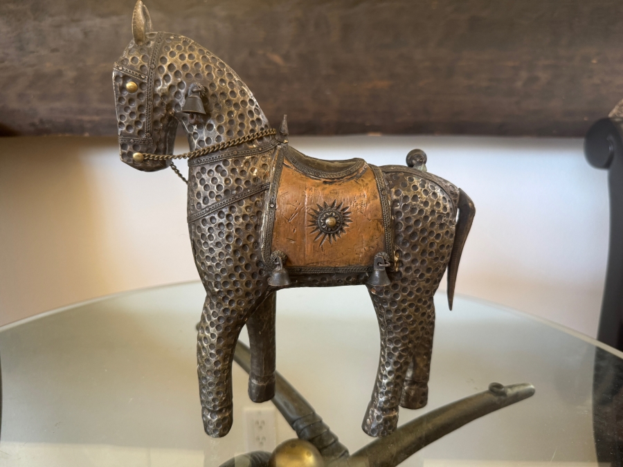 Decorative Hammered Metal Horse Sculpture With Copper Saddle And Bells 11'H [Photo 2]