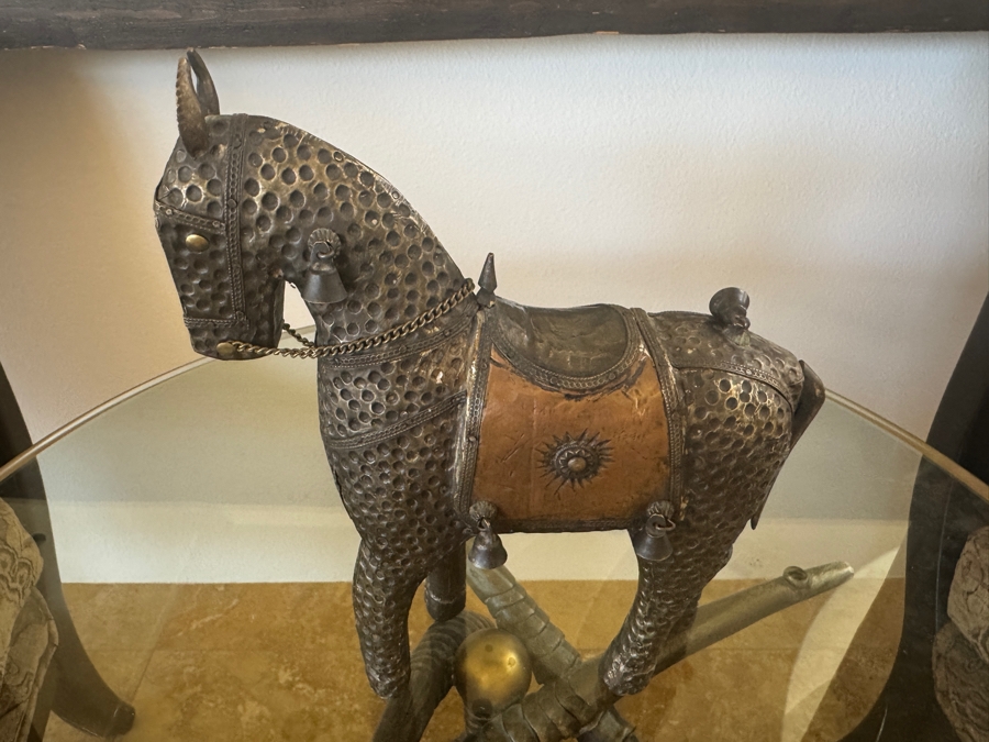 Decorative Hammered Metal Horse Sculpture With Copper Saddle And Bells 11'H [Photo 3]