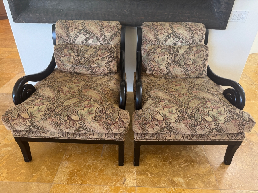 Custom Bollman Furniture Scroll Arm Chairs In Canterbury Wash Sable Paisley Fabric With Flat Black Wood Finish And Spring Down Cushions 33'W X 41'D X 38'H [Photo 4]