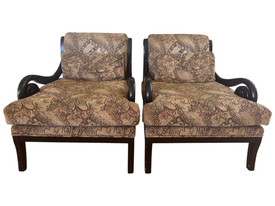 Custom Bollman Furniture Scroll Arm Chairs In Canterbury Wash Sable Paisley Fabric With Flat Black Wood Finish And Spring Down Cushions 33'W X 41'D X 38'H [Photo 2]