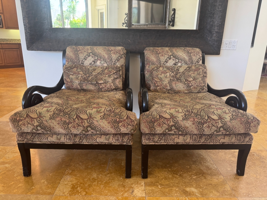 Custom Bollman Furniture Scroll Arm Chairs In Canterbury Wash Sable Paisley Fabric With Flat Black Wood Finish And Spring Down Cushions 33'W X 41'D X 38'H