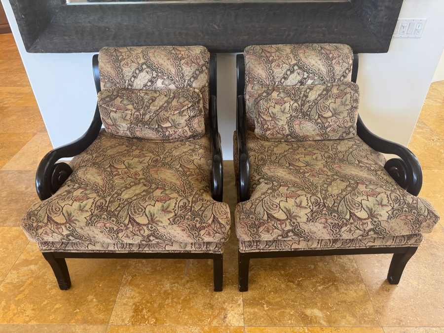 Custom Bollman Furniture Scroll Arm Chairs In Canterbury Wash Sable Paisley Fabric With Flat Black Wood Finish And Spring Down Cushions 33'W X 41'D X 38'H [Photo 3]