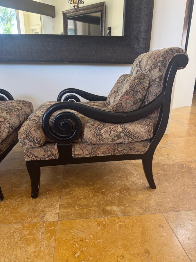 Custom Bollman Furniture Scroll Arm Chairs In Canterbury Wash Sable Paisley Fabric With Flat Black Wood Finish And Spring Down Cushions 33'W X 41'D X 38'H [Photo 6]