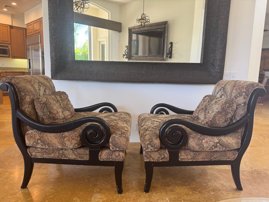 Custom Bollman Furniture Scroll Arm Chairs In Canterbury Wash Sable Paisley Fabric With Flat Black Wood Finish And Spring Down Cushions 33'W X 41'D X 38'H [Photo 7]