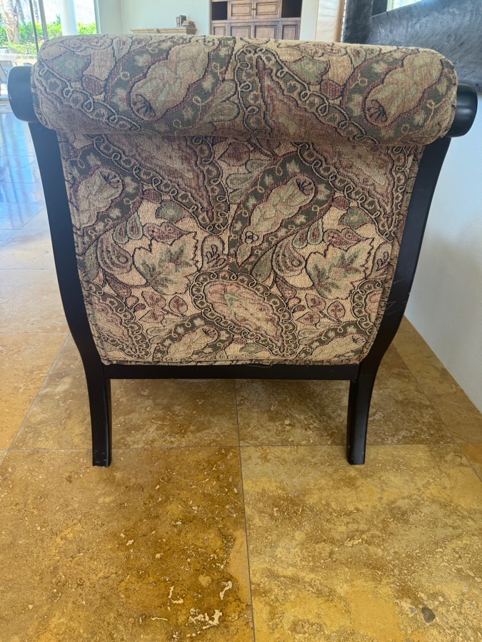 Custom Bollman Furniture Scroll Arm Chairs In Canterbury Wash Sable Paisley Fabric With Flat Black Wood Finish And Spring Down Cushions 33'W X 41'D X 38'H [Photo 8]