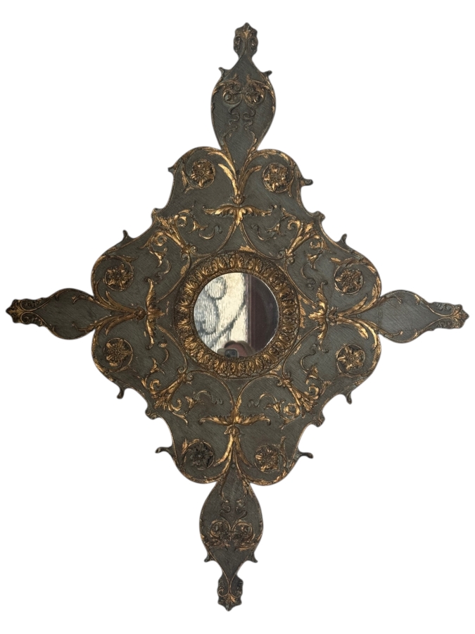 Ornate Neoclassical Gold Leaf Filigree Scrollwork Diamond Mirror With Circular Convex Center 30'W X 38'H