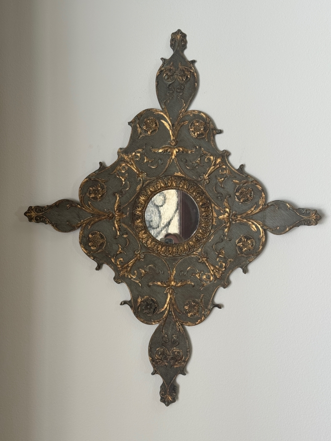 Ornate Neoclassical Gold Leaf Filigree Scrollwork Diamond Mirror With Circular Convex Center 30'W X 38'H [Photo 2]