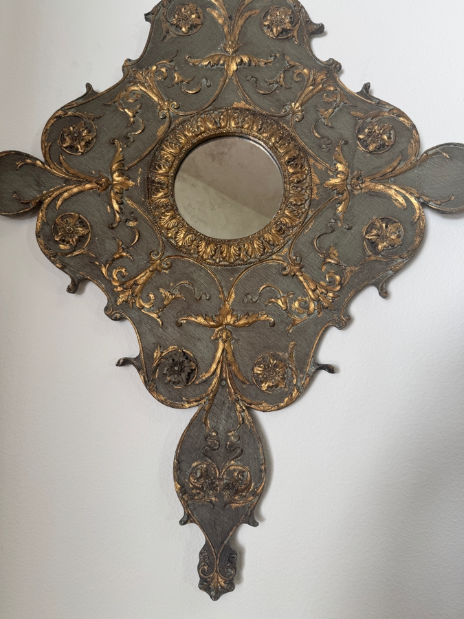 Ornate Neoclassical Gold Leaf Filigree Scrollwork Diamond Mirror With Circular Convex Center 30'W X 38'H [Photo 3]