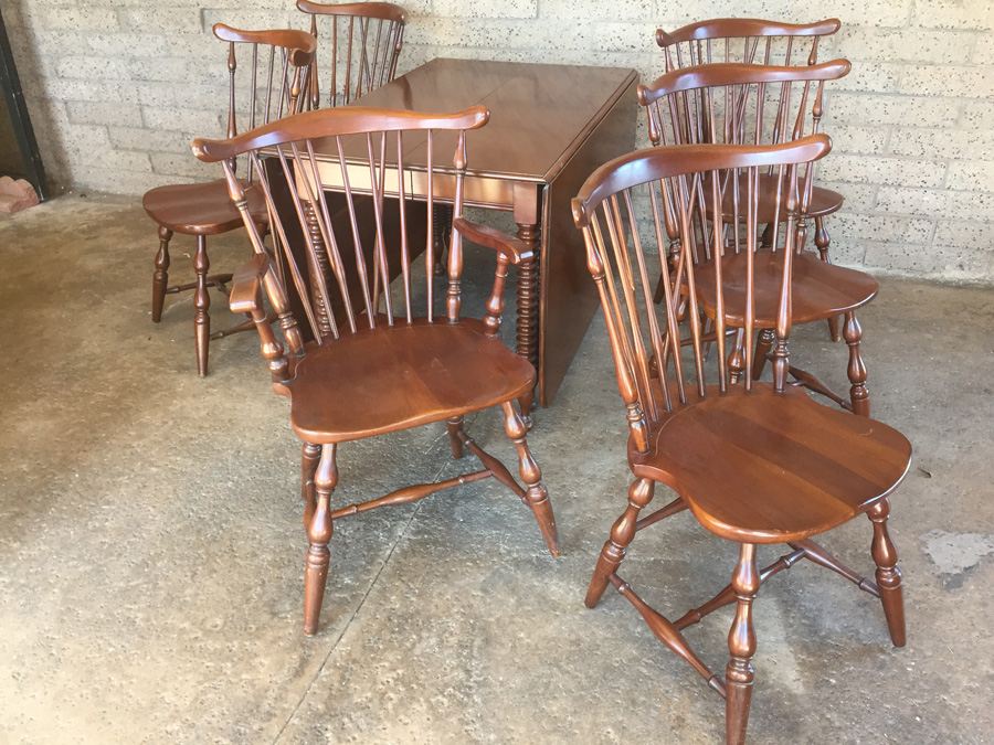 Vintage Pennsylvania House Drop Leaf Gate Leg Table With Beautifully Turned Legs And Two Leaves And Six Windsor Chairs [Photo 3]
