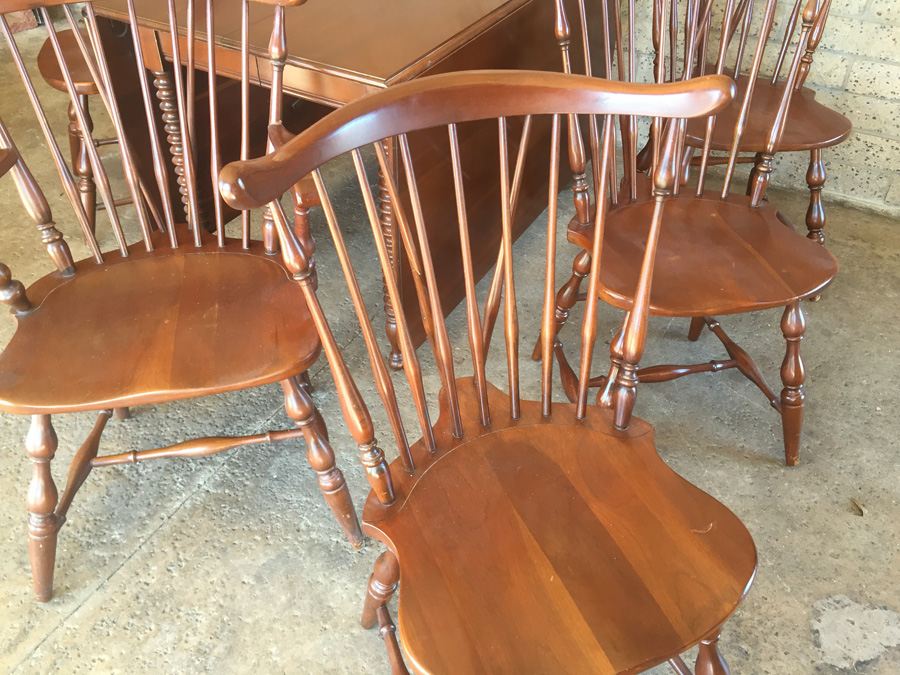 Vintage Pennsylvania House Drop Leaf Gate Leg Table With Beautifully Turned Legs And Two Leaves And Six Windsor Chairs [Photo 22]