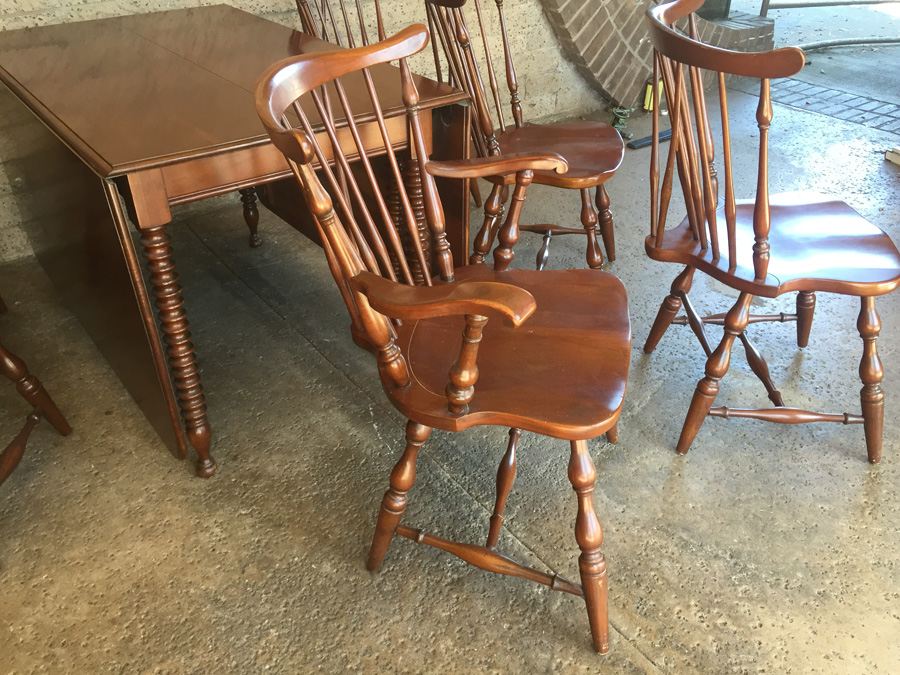 Vintage Pennsylvania House Drop Leaf Gate Leg Table With Beautifully Turned Legs And Two Leaves And Six Windsor Chairs [Photo 25]