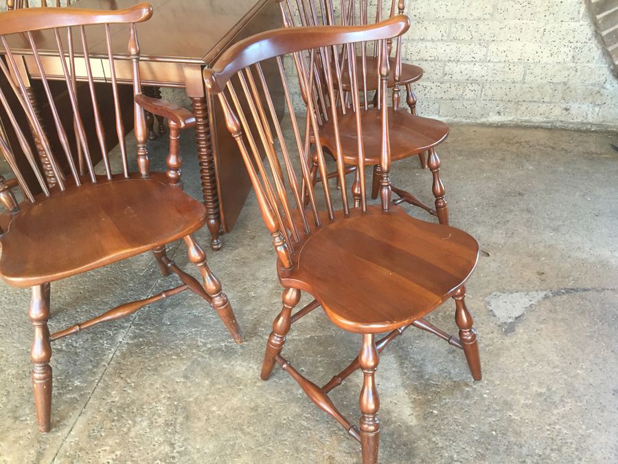 Vintage Pennsylvania House Drop Leaf Gate Leg Table With Beautifully Turned Legs And Two Leaves And Six Windsor Chairs [Photo 21]
