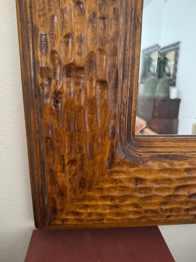 Stunning Solid Wood Large Rectangular Hand-Carved Wall Mirror With Deeply Textured Adzed Frame In A Warm Honey Oak Finish With Beveled Glass 60'W X 36'H [Photo 4]