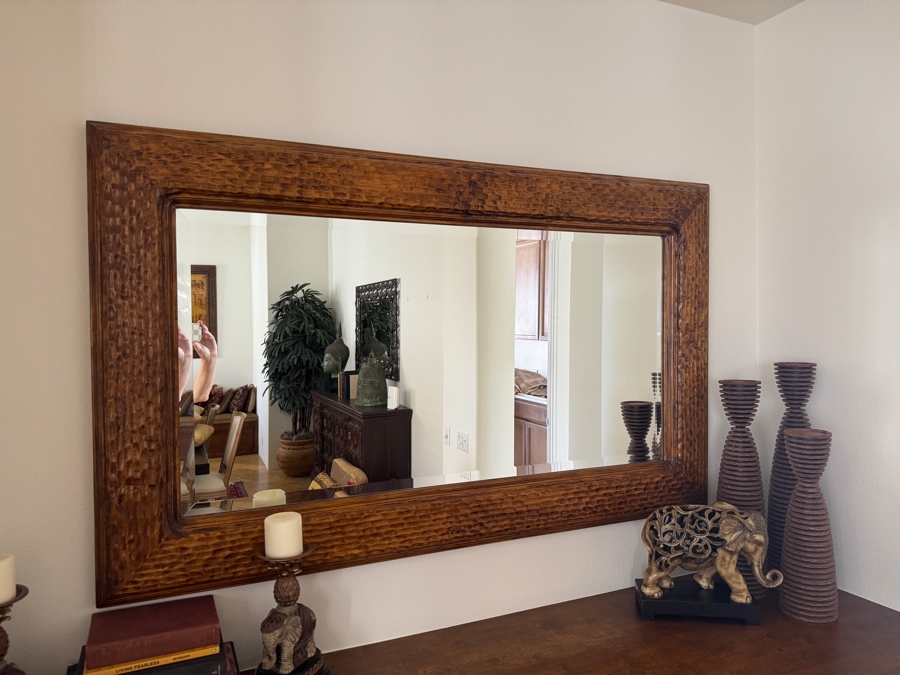 Stunning Solid Wood Large Rectangular Hand-Carved Wall Mirror With Deeply Textured Adzed Frame In A Warm Honey Oak Finish With Beveled Glass 60'W X 36'H [Photo 3]
