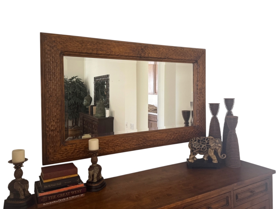 Stunning Solid Wood Large Rectangular Hand-Carved Wall Mirror With Deeply Textured Adzed Frame In A Warm Honey Oak Finish With Beveled Glass 60'W X 36'H