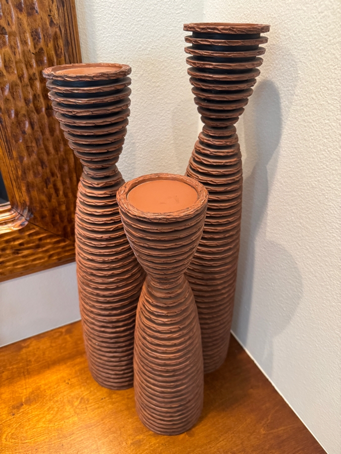 Zero One Design Set Of Three Textured Resin Stacked Disk Candle Towers 16'H - 24'H [Photo 3]