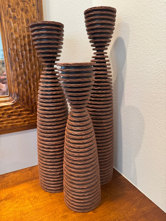 Zero One Design Set Of Three Textured Resin Stacked Disk Candle Towers 16'H - 24'H