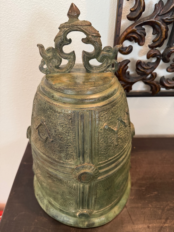 Archaic Style Chinese Bronze Temple Bell Featuring Ornate Relief Wave And Lattice Motifs With A Dragon Handle and Weathered Verdigris Patina Finish 19'H [Photo 3]