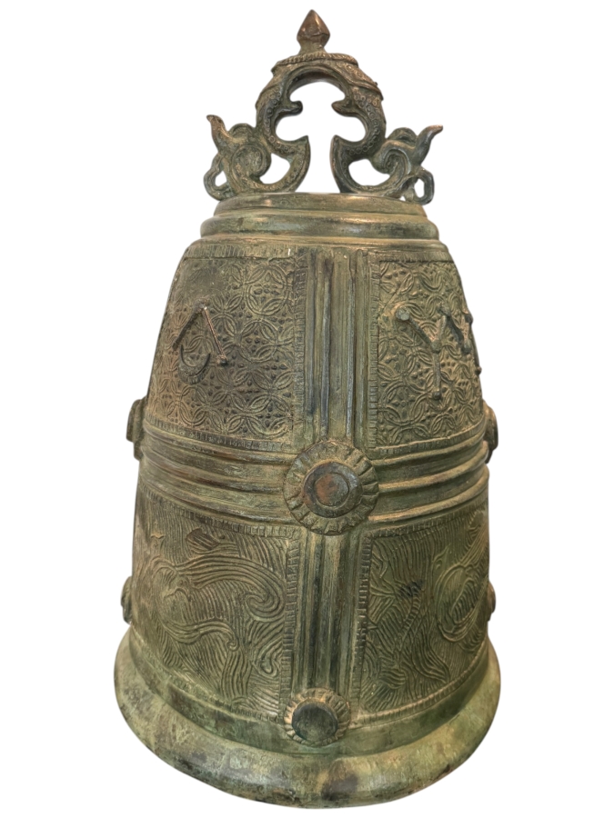Archaic Style Chinese Bronze Temple Bell Featuring Ornate Relief Wave And Lattice Motifs With A Dragon Handle and Weathered Verdigris Patina Finish 19'H [Photo 2]