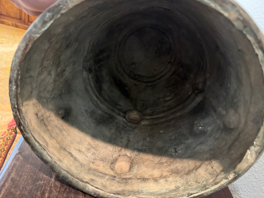 Archaic Style Chinese Bronze Temple Bell Featuring Ornate Relief Wave And Lattice Motifs With A Dragon Handle and Weathered Verdigris Patina Finish 19'H [Photo 4]