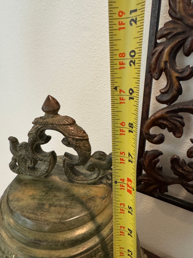 Archaic Style Chinese Bronze Temple Bell Featuring Ornate Relief Wave And Lattice Motifs With A Dragon Handle and Weathered Verdigris Patina Finish 19'H [Photo 5]